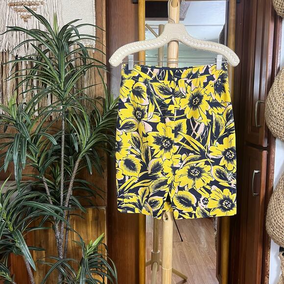 Yellow Navy Floral Pencil Skirt 00 | Knee Length Preppy Classic Chic Workwear - Picture 1 of 11